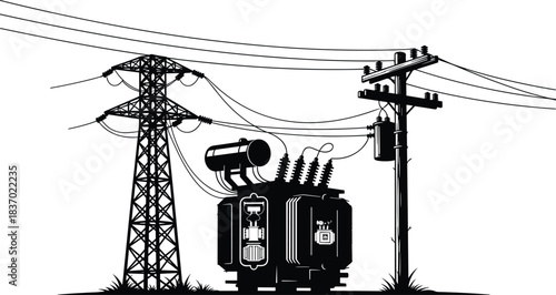 Transmission tower, power transformer, utility pole, electrical grid icons, black silhouettes, flat vector infrastructure illustration