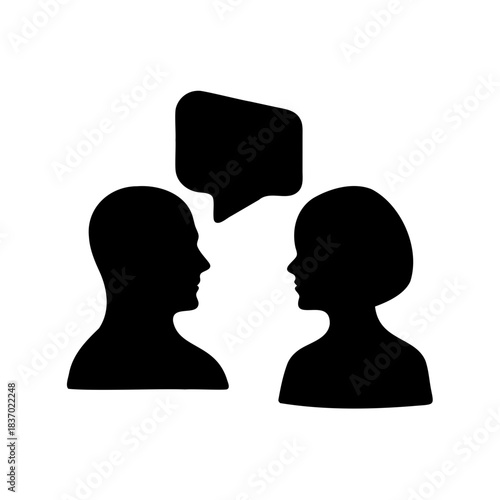 Silhouette of man and woman facing each other in communication with speech bubble