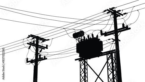Utility pole silhouettes, transformer setup, transmission tower, power grid icons, voltage infrastructure shapes, black elements, flat vector