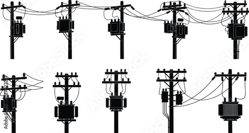 Utility pole silhouettes, transformer configurations, power grid icons, voltage infrastructure shapes, black distribution elements, flat vector
