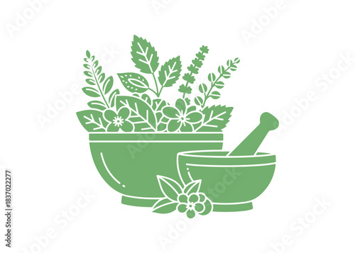 Leaves illustrated in a bowl as a colored glyph icon. A mortar containing medicinal herbs and flowers. Botanical ingredients utilized for organic cosmetology. Natural skincare. Vector illustration