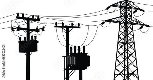 Utility poles, transmission tower, electrical grid icons, power infrastructure silhouettes, black shapes, flat vector illustration