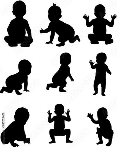 Set of baby and toddler silhouette isolated on white background. Sitting, crawling and standing. Vector illustration