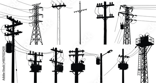 Utility poles, transmission towers, electrical grid icons, power infrastructure silhouettes, black shapes, flat vector illustration