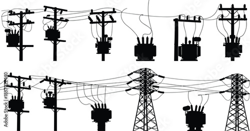 Utility poles, transmission towers, transformer icons, electrical grid silhouettes, power infrastructure shapes, flat vector illustration set