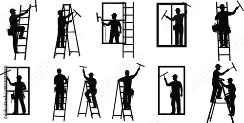 Window cleaner silhouettes, cleaning tools, ladder workers, spray bottle, squeegee action, professional pose, cad drawing flat vector