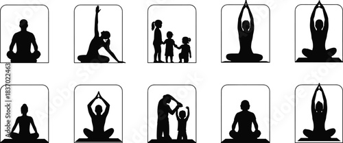 Yoga and family silhouette, meditation pose, children interaction, wellness activity, peaceful scene, flat vector