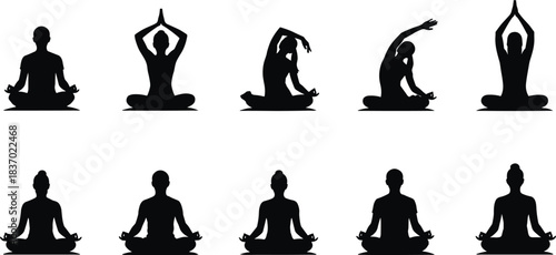 Yoga pose silhouettes, seated meditation, mindfulness icons, wellness posture variations, black spiritual shapes, calm figures, flat vector