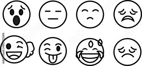 Hand drawn sketch style. Emoji with different emotion mood, happy, sad, smile face. Comic line art vector illustration.