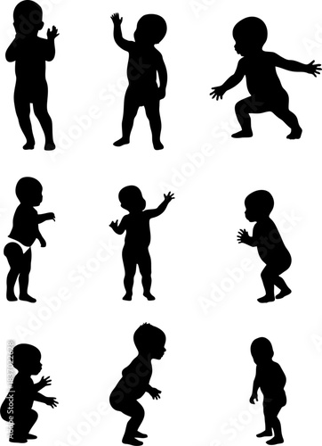 Set of baby and toddler silhouette isolated on white background. Sitting, crawling and standing. Vector illustration