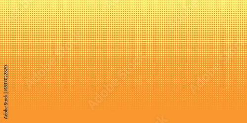 Yellow orange halftone pattern. Retro comic gradient background. Square pixilated dot cartoon texture. Pop art faded gradient pattern