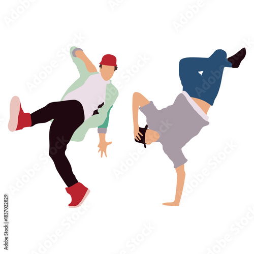 Teenager dancers hip hop, breakdance vector drawing isolated on white background.
