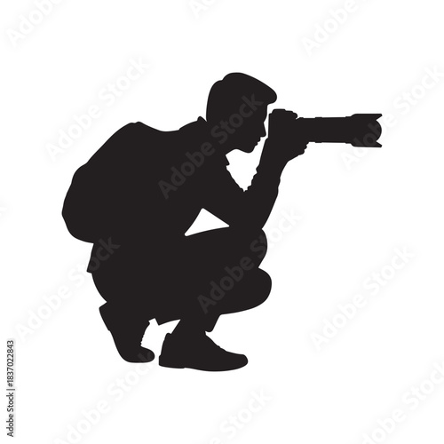 Silhouette Photographer Taking Photo Vector. Crouching Man with Camera and Backpack