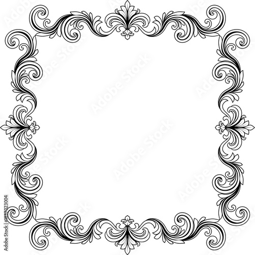 A filigree heraldic crest motif floral pattern border frame. Original design in a vintage style.