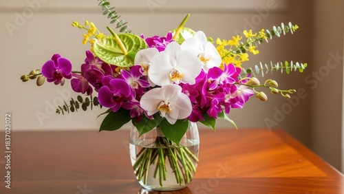 Wallpaper Mural A vibrant bouquet of orchids and other flowers in a clear vase on a wooden table. Torontodigital.ca