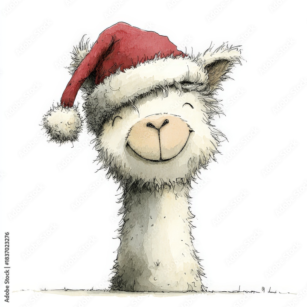 Obraz premium alpaca - cute smiling animal character wearing a red santa hat