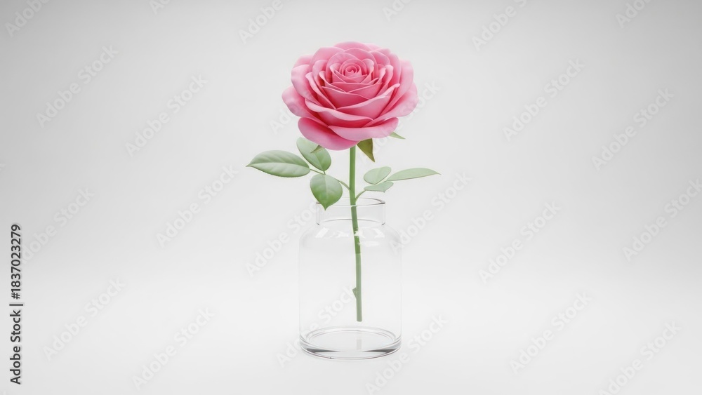 Fototapeta premium A pink rose in a clear glass vase on a white background.