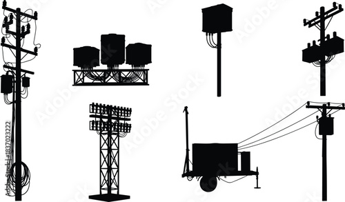 Flat vector illustration, electrical utility pole, power transformer, transmission tower, distribution box, mobile generator, energy infrastructure, electricity grid, silhouette design