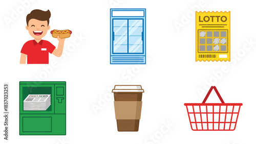 Convenience Store Icons Hot Dog Cooler Lotto Ticket ATM Coffee Cup Shopping Basket