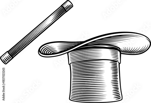 Black and white woodcut illustration of a magicians top hat and wand. Classic engraving style artwork suited for themes of illusion, stage performance, vintage design, or traditional print art.