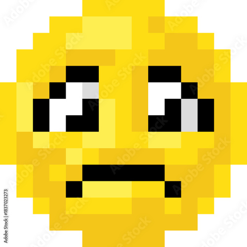 Retro pixel art emoji emoticon showing a confused or uncertain expression. Classic 8 bit style digital icon for games, chat apps, stickers, or nostalgic computer art projects.