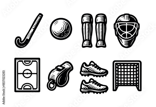 Set of field hockey equipment icons in black and white featuring a stick, ball, pads, and goal — stock vector.