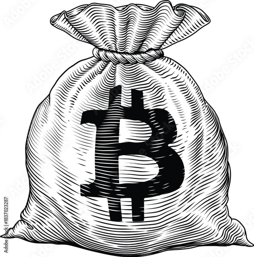 Sack bag of bitcoin crypto currency concept in a vintage woodcut style