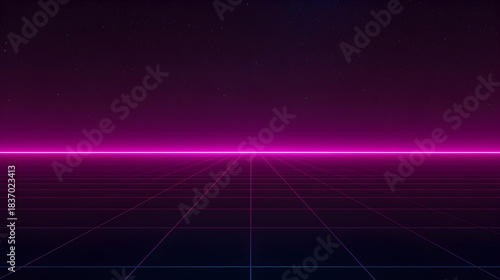 Retro 80s Synthwave Landscape with Neon Purple Grid and Stars