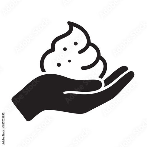 Hand holding whipped cream or foam for skincare and cosmetic applications, silhouette icon