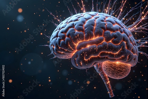 Wallpaper Mural A glowing human brain floats in a dark space, surrounded by bright neural sparks. Torontodigital.ca