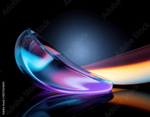 Abstract Curved Translucent Glass Object with Neon Light Reflections on a Dark Reflective Surface Studio Lighting