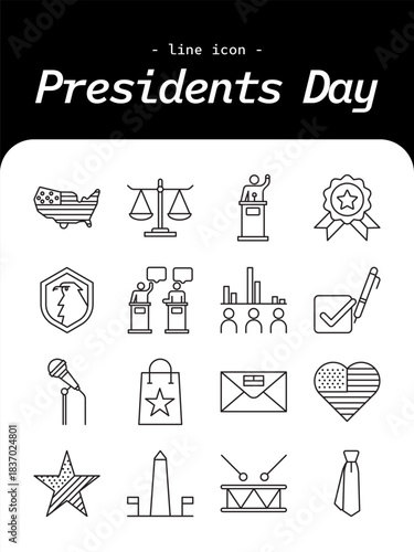 Presidents Day thin line icon set. Leadership, patriotism, national holiday outline icons.