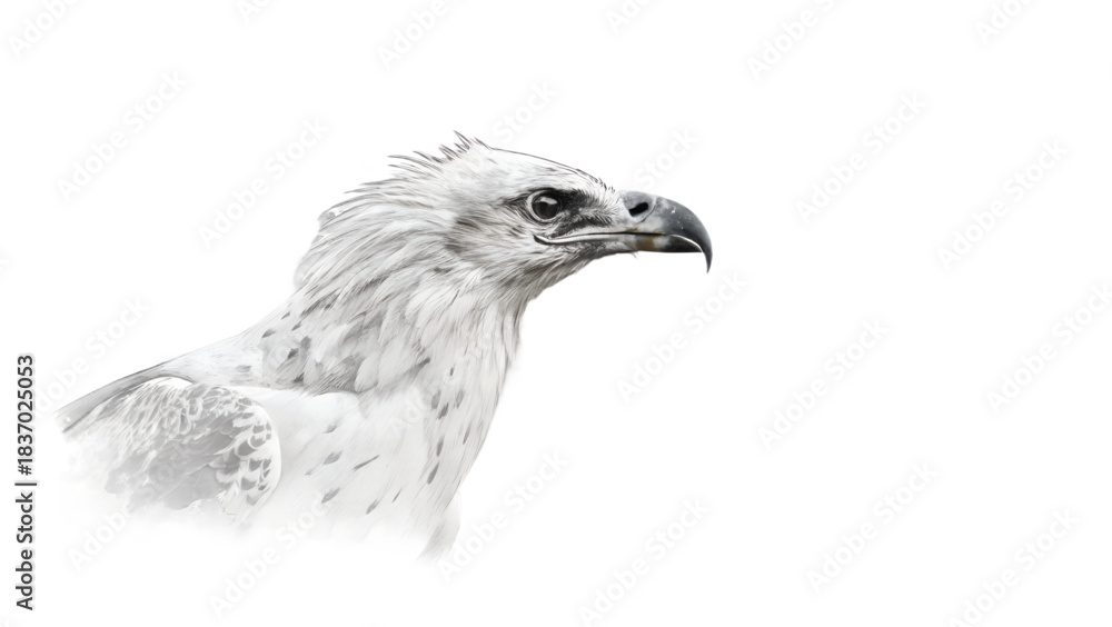Fototapeta premium Side profile of a white and grey eagle with sharp beak isolated on white background in a high-key artistic style