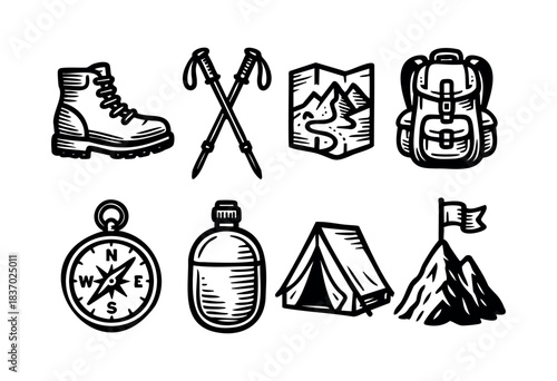 A collection of hiking essentials includes a boot, trekking poles, a map, a backpack, a compass, a water bottle, a tent, and a mountain peak — stock vector.
