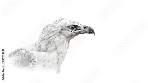 Side profile of a white and grey eagle with sharp beak isolated on white background in a high-key artistic style
