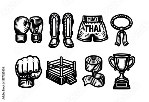 Monochrome set of Muay Thai equipment for fighting and training, including gloves, shin guards, shorts, armband, fist, ring, bandage, and trophy — stock vector.
