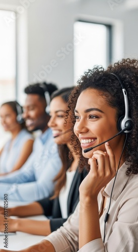 Diverse call center team assisting customers with headsets