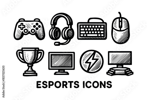 A sketch-style illustration of icons representing esports equipment and victory, including a gamepad, headset, keyboard, mouse, trophy, monitor, and power symbol — stock vector.