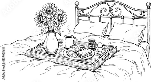 Hand drawn breakfast tray on bed with coffee, sunflowers and croissant in sketch style.