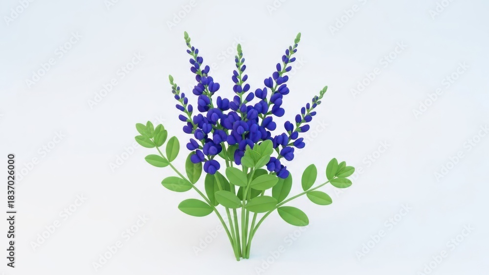 Obraz premium A blue flower arrangement with green leaves on a white background.