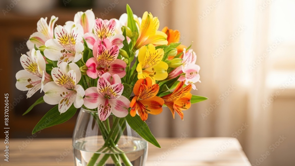 Fototapeta premium A colorful bouquet of alstroemeria flowers in a clear glass vase on a wooden table.