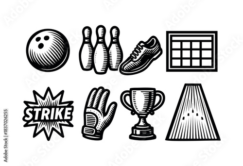 A set of bowling elements in a vintage woodcut style, including a ball, pins, shoe, score sheet, strike burst, glove, trophy, and lane diagram — stock illustration.