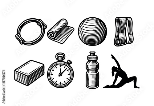 A set of fitness essentials including a mat, ball, block, resistance bands, water bottle, timer, and yoga pose are showcased in a woodcut style — stock vector.