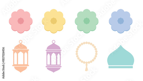 Ramadan Kareem Islamic Symbols Set Lanterns Prayer Beads Mosque Dome and Festive Flowers in Pastel Colors Vector Illustration