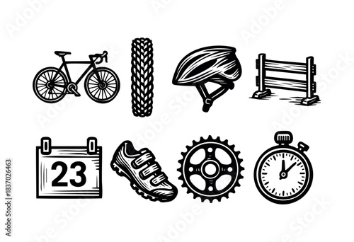 A collection of cycling-related icons in black and white, including a bicycle, tire, helmet, hurdle, calendar, shoe, gear, and stopwatch — stock vector.