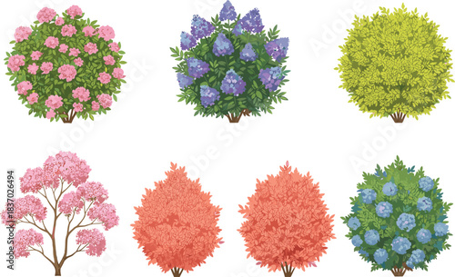 Blossom trees in eight cartoon variants with pink and blue flowers, botanical foliage illustration, seasonal nature concept, white background