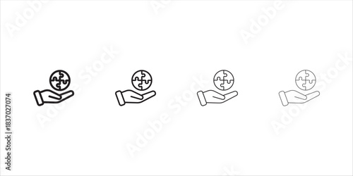 A set of black flat line vector icons with the image of a solution provider as a hand giving a puzzle on a white background, eps10.