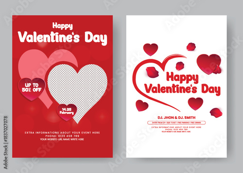 Modern Valentine’s Day sale poster, flyer, and Leaflet Designs with trendy vector heart graphics and Valentine illustration backgrounds created for festive promotions and marketing templates