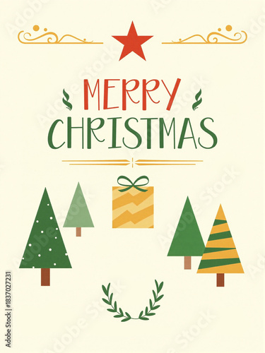 merry christmas greeting card poster with christmas tree