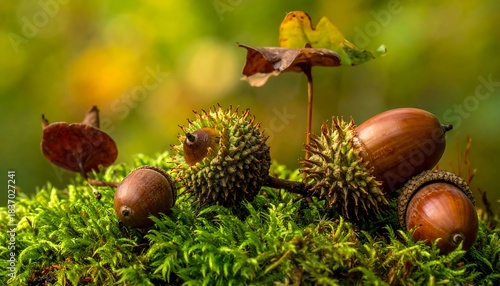 Acorns & caps on mossy surface, surrounded by blurred, leafy greens. Soft focus, warm lighting, autumn vibes